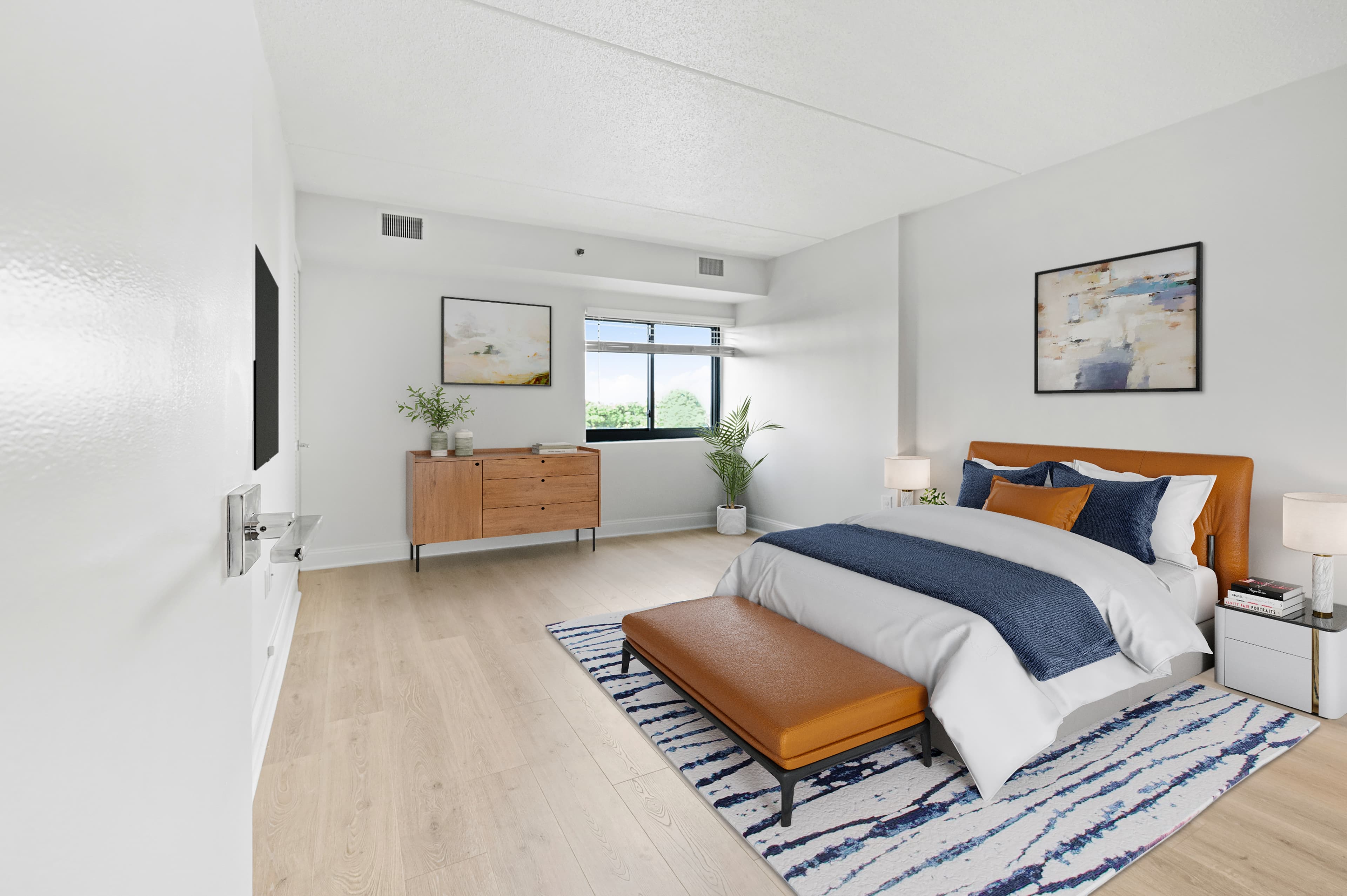 Staged bedroom with modern furnishings